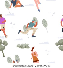 
Seamless pattern, wallpaper running people, jogging. Active healthy runners, men , women training outdoors. Flat vector illustration,  isolated on a white background.