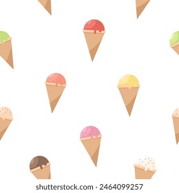 seamless pattern wallpaper of Set ice cream scoops in waffle cones on a white background. Poster. Card. Print. Textile. Seamless abstract background. Many flavors of ice cream. Vector illustration