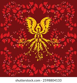 Seamless pattern wallpaper Shirt pattern Fabric pattern flower red gold color phoenix