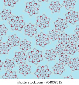 Seamless pattern. Wallpaper of snowflakes. Blue, red, beige.