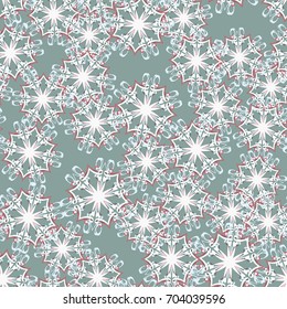 Seamless pattern. Wallpaper of snowflakes. Gray-green, white, red.