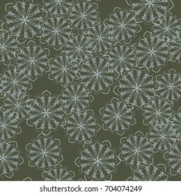 Seamless pattern. Wallpaper of snowflakes. Gray-green.