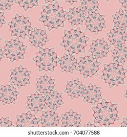 Seamless pattern. Wallpaper of snowflakes. Pink, red, green, blue.