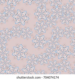 Seamless pattern. Wallpaper of snowflakes. Pink-gray, black, white, blue.