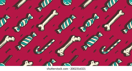 Seamless pattern wallpaper with sweets, candy and bone illustrations for holiday design. Halloween or New Year elements. October party banner, poster or postcard