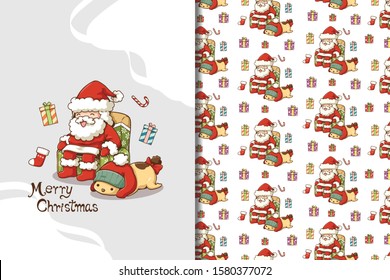 Seamless pattern and wallpaper template cute Christmas theme, Santa Claus, Dog, Gift box, Red socks and candy object, brown word Merry Christmas, gift wrap pattern and greeting card.