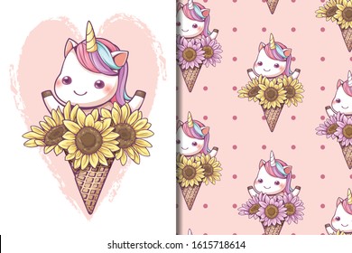 Seamless Pattern And Wallpaper Template Cute Ice Cream Cone Unicorn With Sunflower Set. Kawaii Character Cartoon Design For Screen Wallpaper Social Media And Gift Wrapping Pattern.