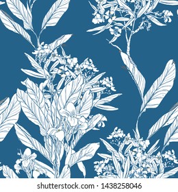 Seamless Pattern Wallpaper Textile design Chinoiserie Chic Chinese Blue and White Print Oleander Blooming Trees Tropical Leaves Exotic Flowers Oriental Retro Asian Doodle Illustration One Color