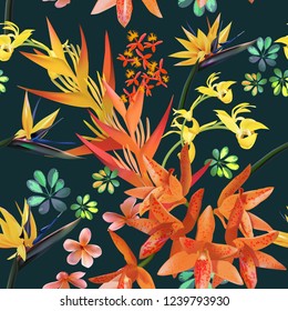 seamless pattern wallpaper of tropica flowers (strelitzia) plumeria on a dark background