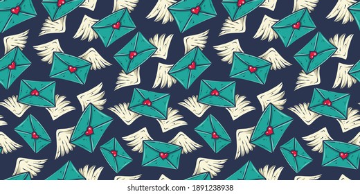 Seamless pattern wallpaper with wings letter and heart. Valentines Day love holiday