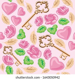 Seamless pattern for wallpaper, wrapping paper, birthday gift wrap, Valentine's Day. 
Cute pattern with hearts, 
wedding, keys, rose flowers on pink background.
Romantic vector illustration.