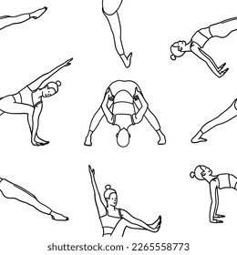 Seamless pattern wallpaper. Yoga poses collection. Black and white. Female woman girl. Vector illustration in outline style isolated on white background.