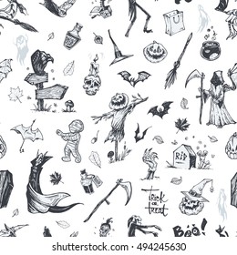 Seamless pattern - wallpapers - Halloween. Sketches ink - a witch, vampire, ghost, scarecrow, pumpkins, bats. Isolated vector vintage. To design a festive production