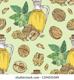 Seamless pattern with walnut and bottle of walnut oil. Vector hand drawn illustration