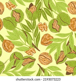 Seamless pattern with walnut branches and fruits. Vector graphics.