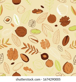 Seamless pattern with walnuts, pistachios with hazelnuts and leaves on a light background. Scrawl. Whole nuts, peeled and unpeeled. Vector illustration