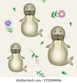 Seamless pattern Walrus with flower. kids texture for fabric, wrapping, textile, wallpaper, and apparel. 