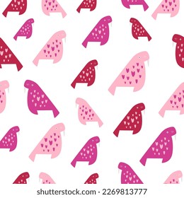 Seamless pattern with walruses in hearts. Illustrations in a modern style for prints, clothing, packaging and postcards.