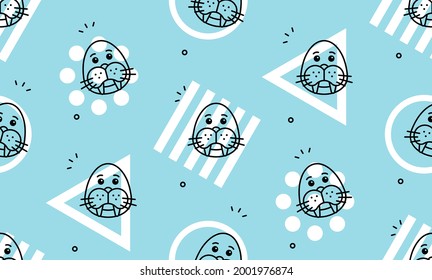 Seamless pattern with walruses. Icon design. Template elements