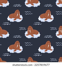 Seamless pattern with Walruses. Marine dweller. Concept of sea and ocean life. Kids design. Modern print for fabric, textiles, wrapping paper. Vector illustration 