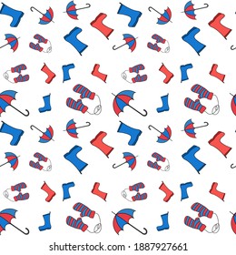 Seamless pattern with warm autumn clothes on white background. Umbrella, mittens, rubber boots of red and blue color. Design of posters, kitchen textiles, clothing and websites.