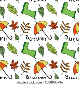 Seamless pattern with warm autumn clothes on white background. Umbrella, autumn leaves, green rubber boots. Design of posters, kitchen textiles, clothing and websites.