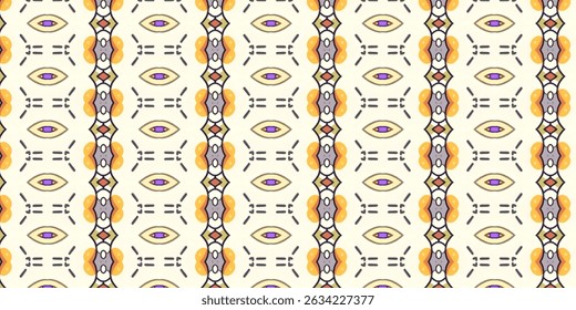 A seamless pattern with a warm beige base and tribal-inspired symmetrical motifs in shades of orange, purple, and gray.