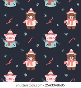 Seamless pattern with warm clothed bear and pig. Cartoon winter animals pattern. Xmas backgrounds. 