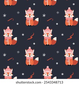 Seamless pattern with warm clothed fox. Christmas Winter backgrounds. Cartoon animals pattern. 