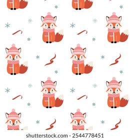 Seamless pattern with warm clothed fox. Christmas Winter backgrounds. Cartoon animals pattern. 