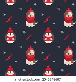 Seamless pattern with warm clothed hedgehog and dog. Cartoon winter animals pattern. Xmas backgrounds. 