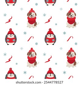 Seamless pattern with warm clothed hedgehog and dog. Cartoon winter animals pattern. Xmas backgrounds. 