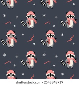 Seamless pattern with warm clothed raccoon. Christmas Winter backgrounds. Cartoon animals pattern. 