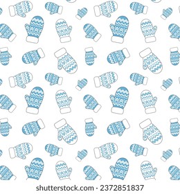 Seamless pattern with warm clothes, gloves, knitted accessories, Christmas patterns, New Year. Winter mittens background in bright christmas colors.
