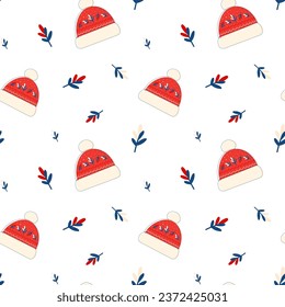 Seamless pattern with warm clothes, hats and plants, knitted accessories, Christmas patterns, New Year. Winter hat background in bright christmas colors.