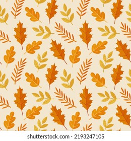 Seamless pattern in warm colors with autumn leaves. Great for backgrounds, apparel design, cards, gift wrapping paper, home decor. Flat style vector illustration.