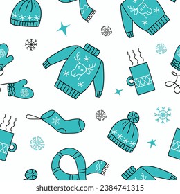 Seamless pattern of warm cozy knitted clothes. Christmas holiday, New Year. Vector winter accessories, doodle style. Hot drink in a mug. Christmas ornament. Illustrations on an isolated background.
