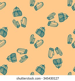 Seamless pattern with warm elements.  Hat, mitten. Hand drawn doodle. Vector illustration