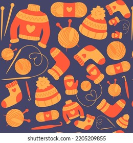 Seamless pattern with warm knit clothes. Sweater, pullover, hat, knitting needles, mittens, skein of threads, socks, crochet. Vector illustration