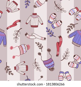 Seamless pattern with warm knits, sweater, hat, mittens and scarf