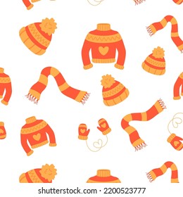 Seamless pattern with warm knitted clothes. Knitted scarf and hat, sweater and mittens. Vector illustration