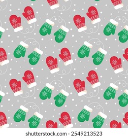 Seamless pattern of warm mittens with fur. Christmas background. Suitable for winter and New Year themes. Vector illustration. It can be used for packaging, wallpaper, printing.