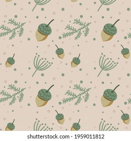 Seamless pattern in warm pastel beige and green tones on a pastel beige background of acorns and various branches with dots of different sizes.