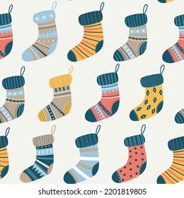 Seamless pattern and warm socks and different texture   color  Vector winter hand drawn socks  Christmas   Happy New Year background and knitted socks  For textiles  clothing  bed linen
