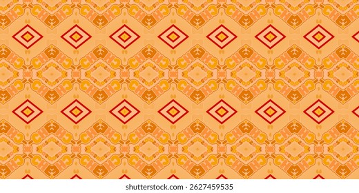 A seamless pattern in warm tones of orange and red with intricate tribal geometric elements