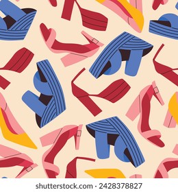 Seamless pattern with warm weather ladies footwear, summer sandals and heels. Hand drawn vector illustration