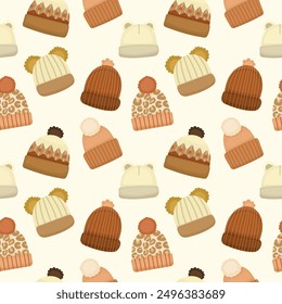 Seamless pattern with warm white hats for autumn and winter in brown colors on a light background