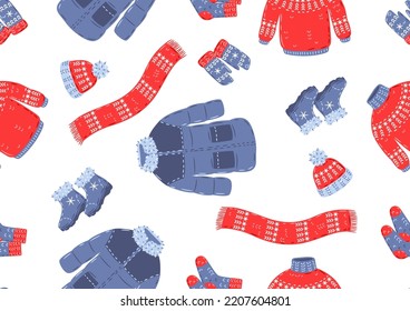 Seamless pattern with warm winter clothes. Background for advertising and marketing.