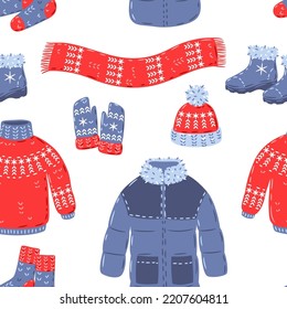 Seamless pattern with warm winter clothes. Background for advertising and marketing.