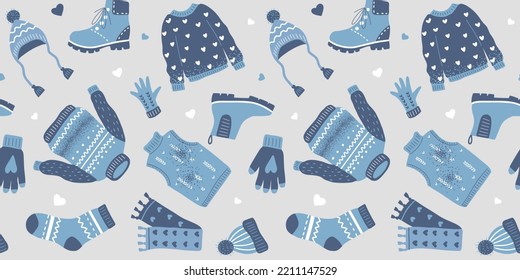 Seamless pattern with warm winter clothes. Knitted sweater, hat, gloves, boots, scarf and socks